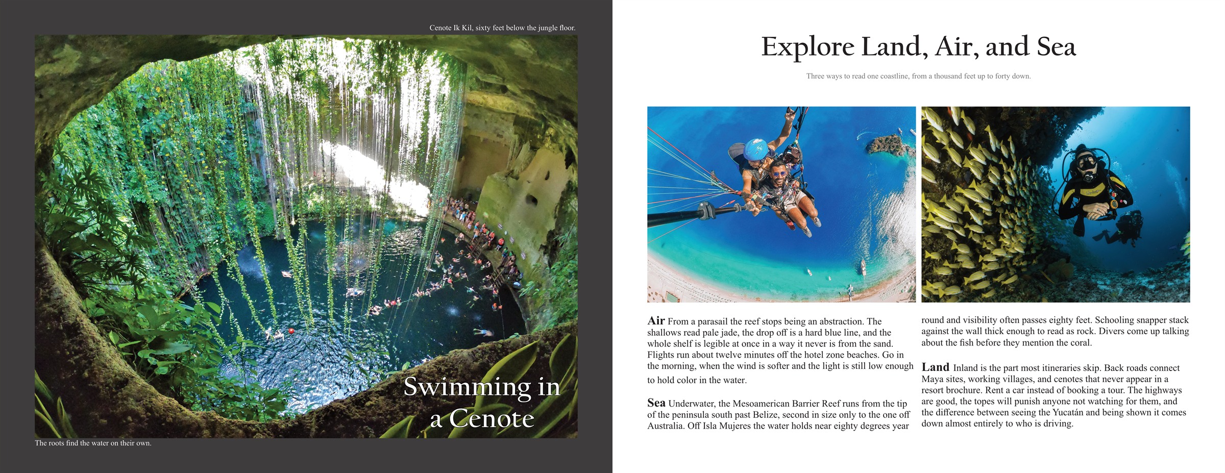 Cenote spread, Swimming in a Cenote, with the Explore Land, Air, and Sea page alongside
