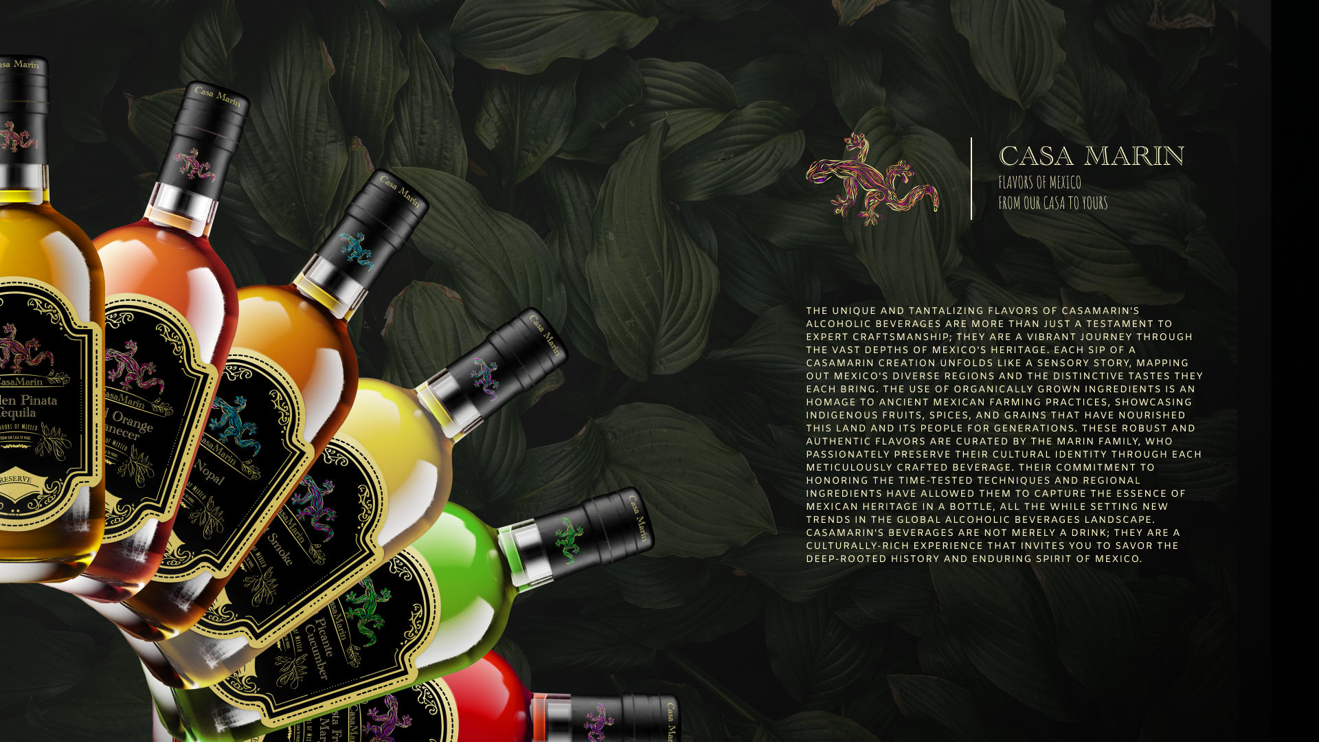 The full flavour range, six bottles fanned out against foliage, with body copy alongside