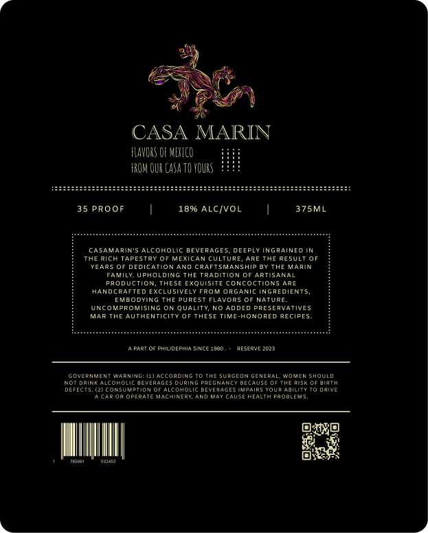 Back label with the government warning, proof and volume, barcode and QR code