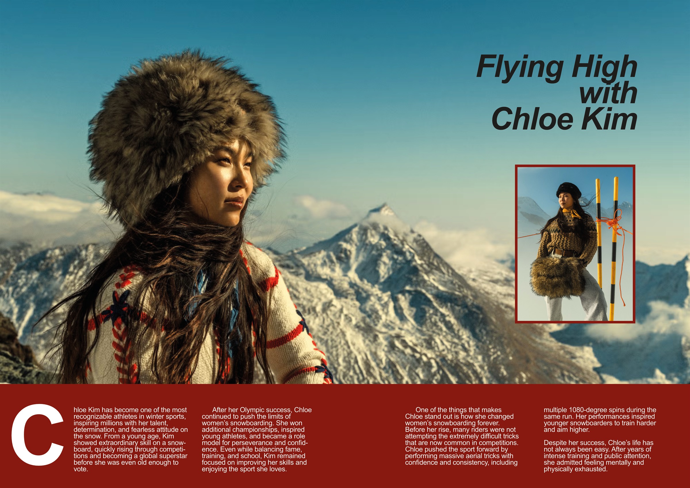 Flying High with Chloe Kim spread, full-bleed portrait and a red four-column text block