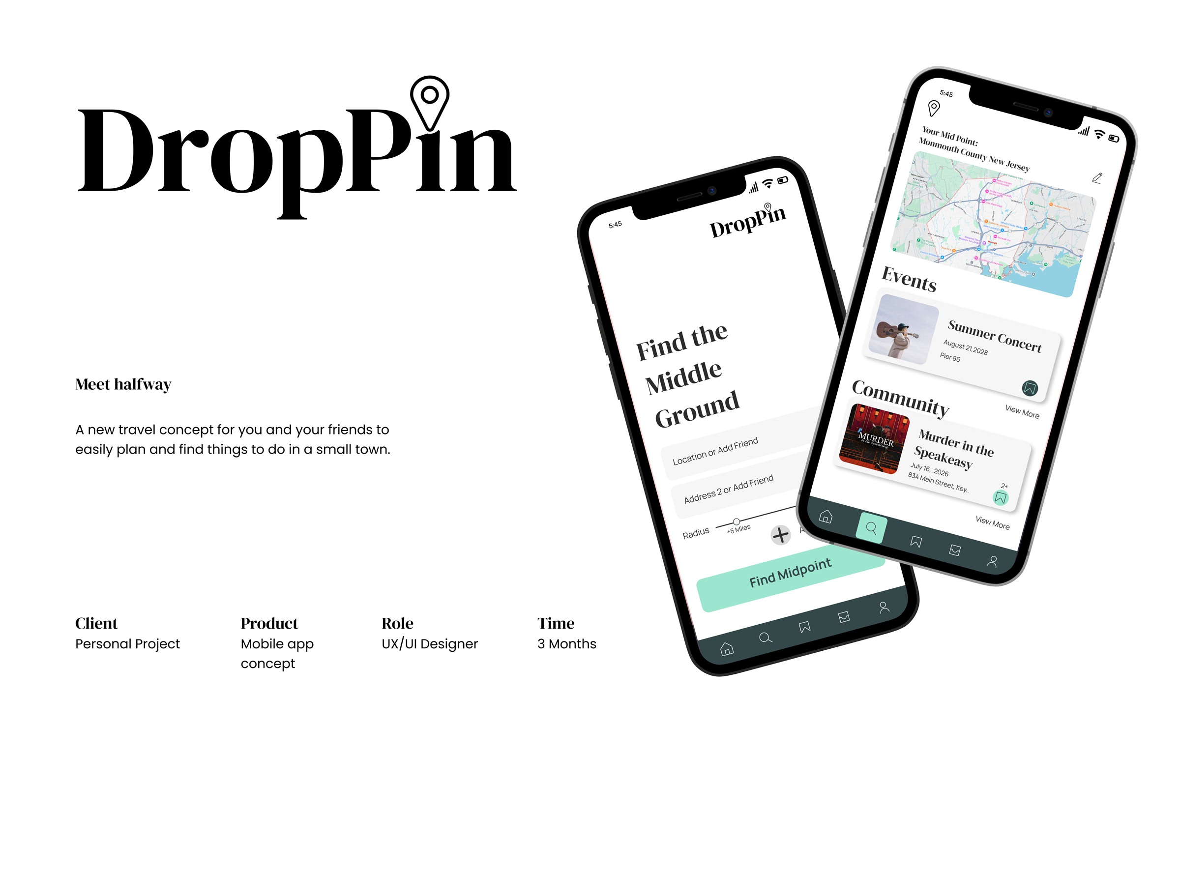 DropPin cover board: the wordmark with pin, two phone screens, and the project details