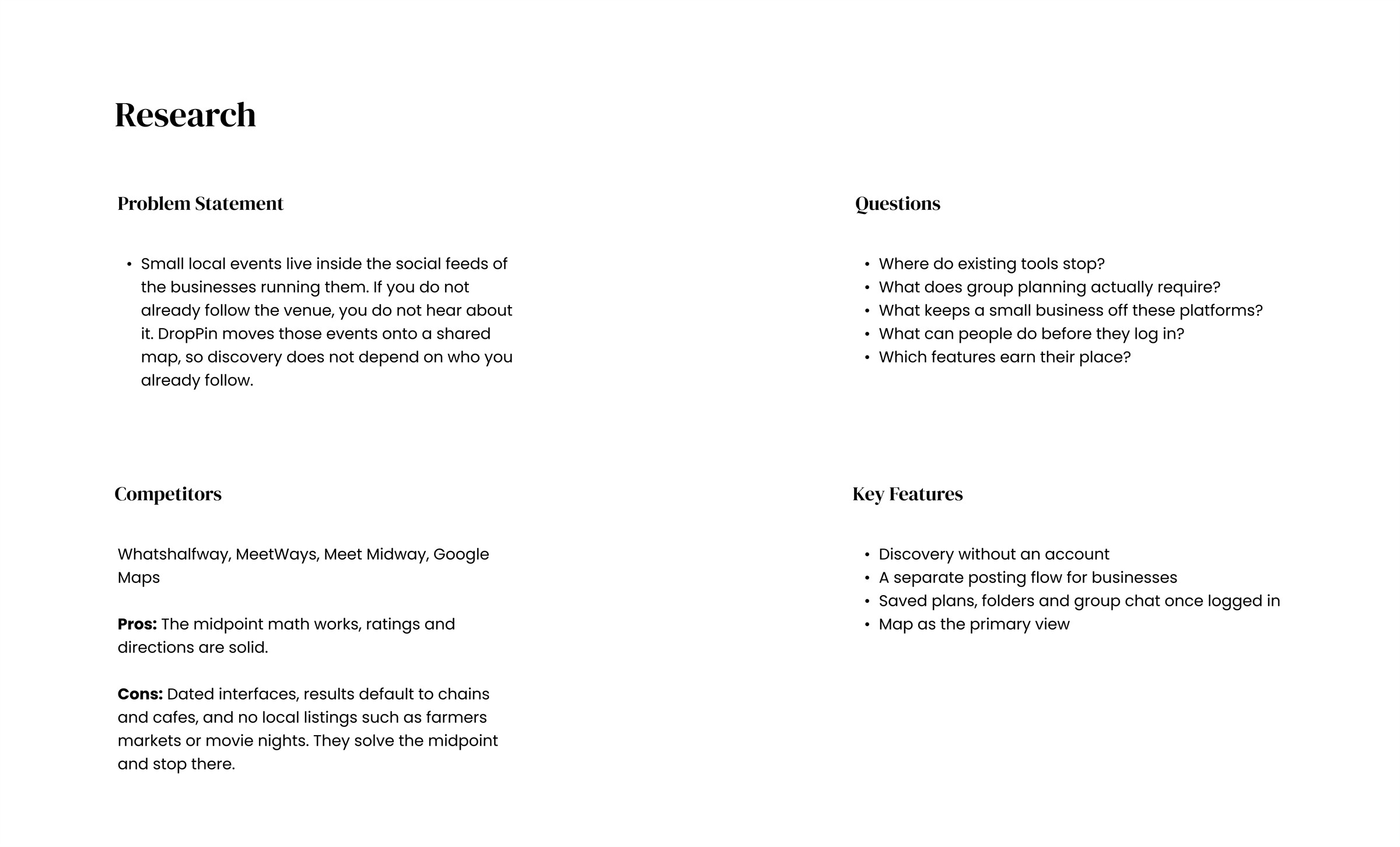 Research board: problem statement, questions, competitors and key features