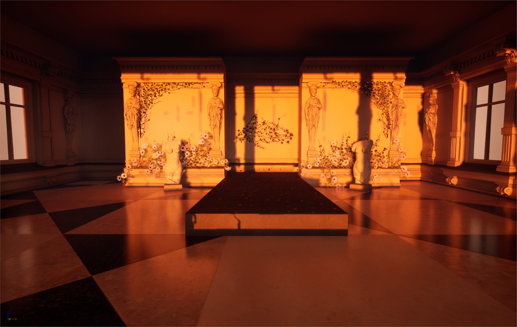 Museum interior in Unreal, low sun through tall windows across a marble floor