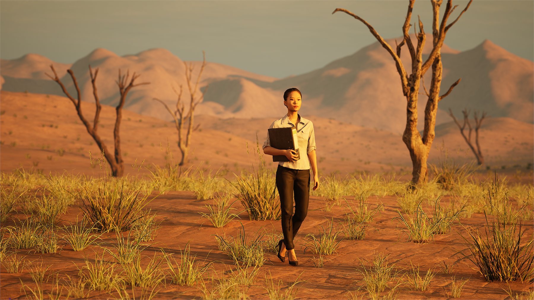 A MetaHuman character walking through the desert scene