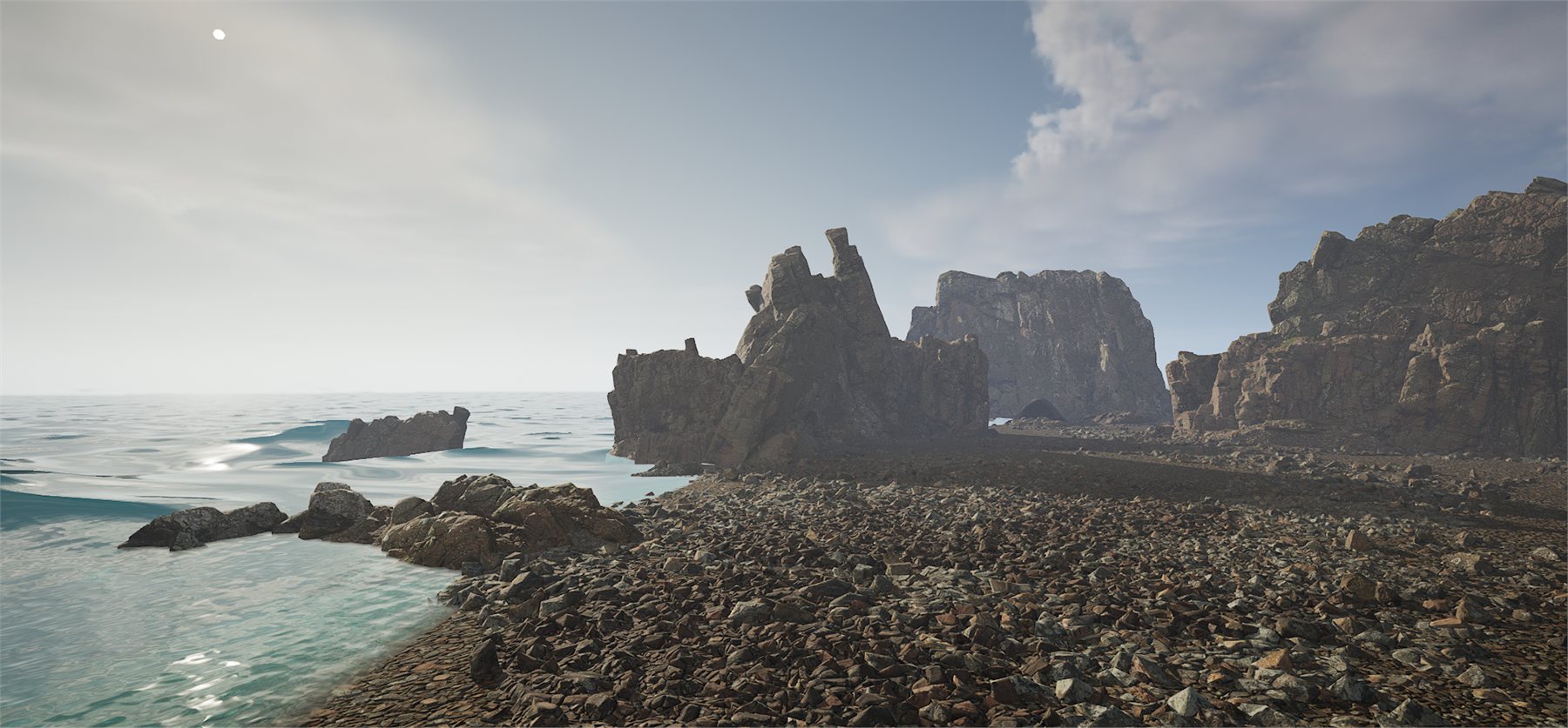 Rocky coastline with sea stacks under overcast sky