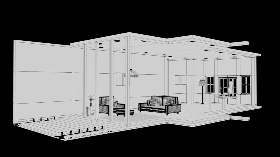 Wireframe of the house structure in Maya