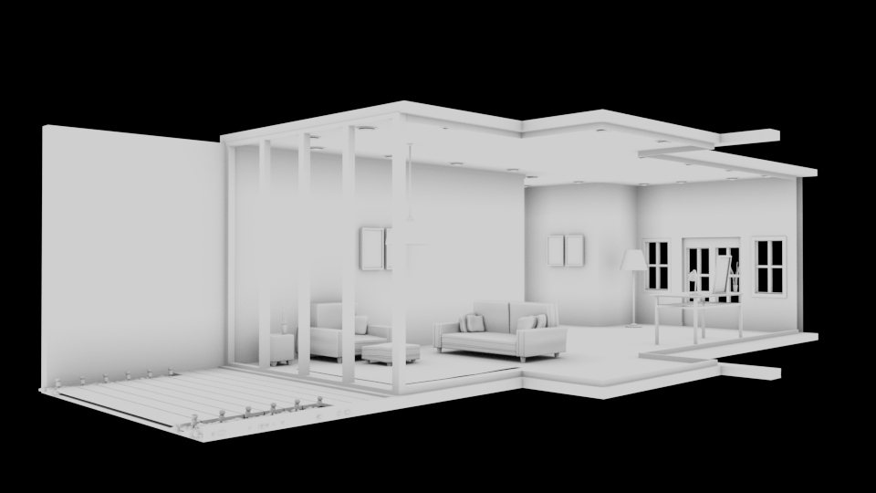 Untextured clay render of the house